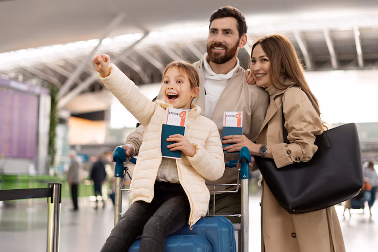 medium shot happy family airport
