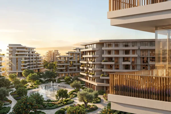 Residence balcony overlooking the green spine at Arancia Yards